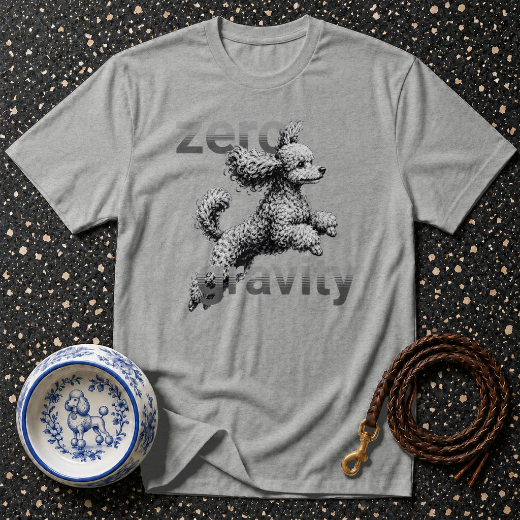 Grey t-shirt with jumping poodle graphic and "Zero Gravity" text.