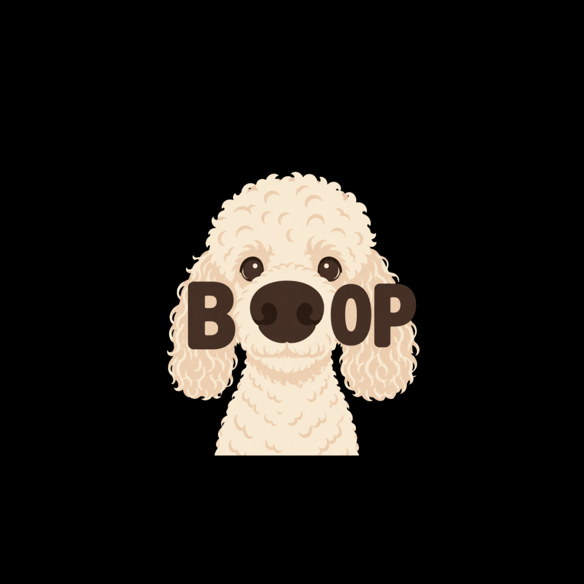 Cream poodle with dark letters spelling "BOOP" across its nose.