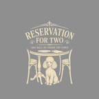 Illustration of a poodle under a table set for two with text.