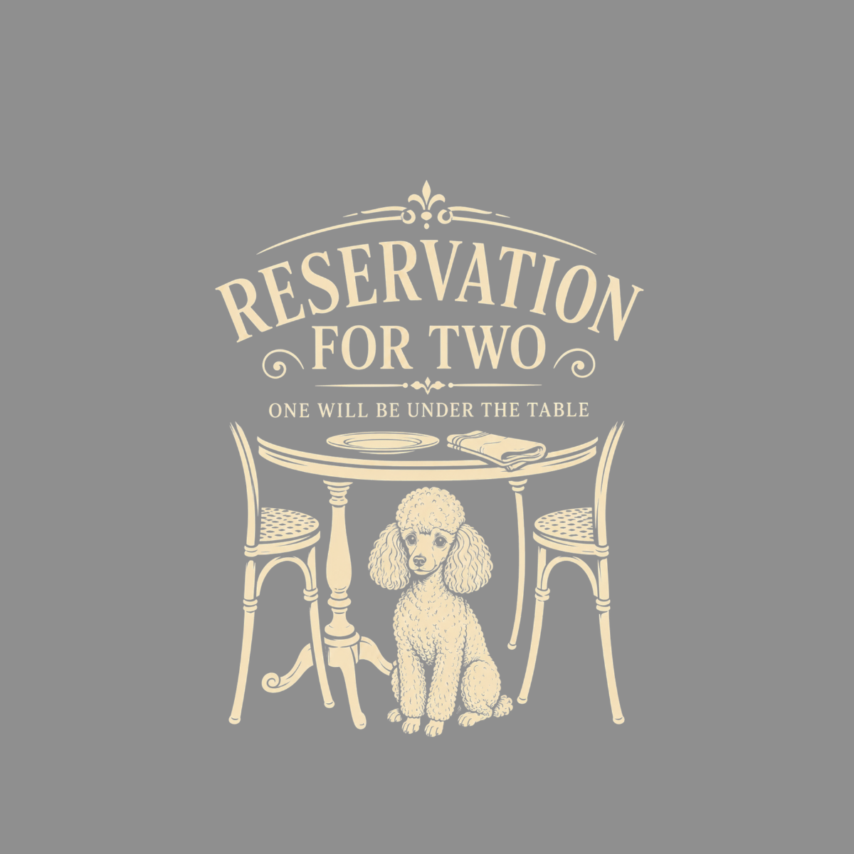 Illustration of a poodle under a table set for two with text.