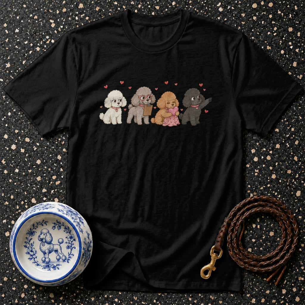 Black t-shirt with cartoon poodles holding hearts and wearing accessories.