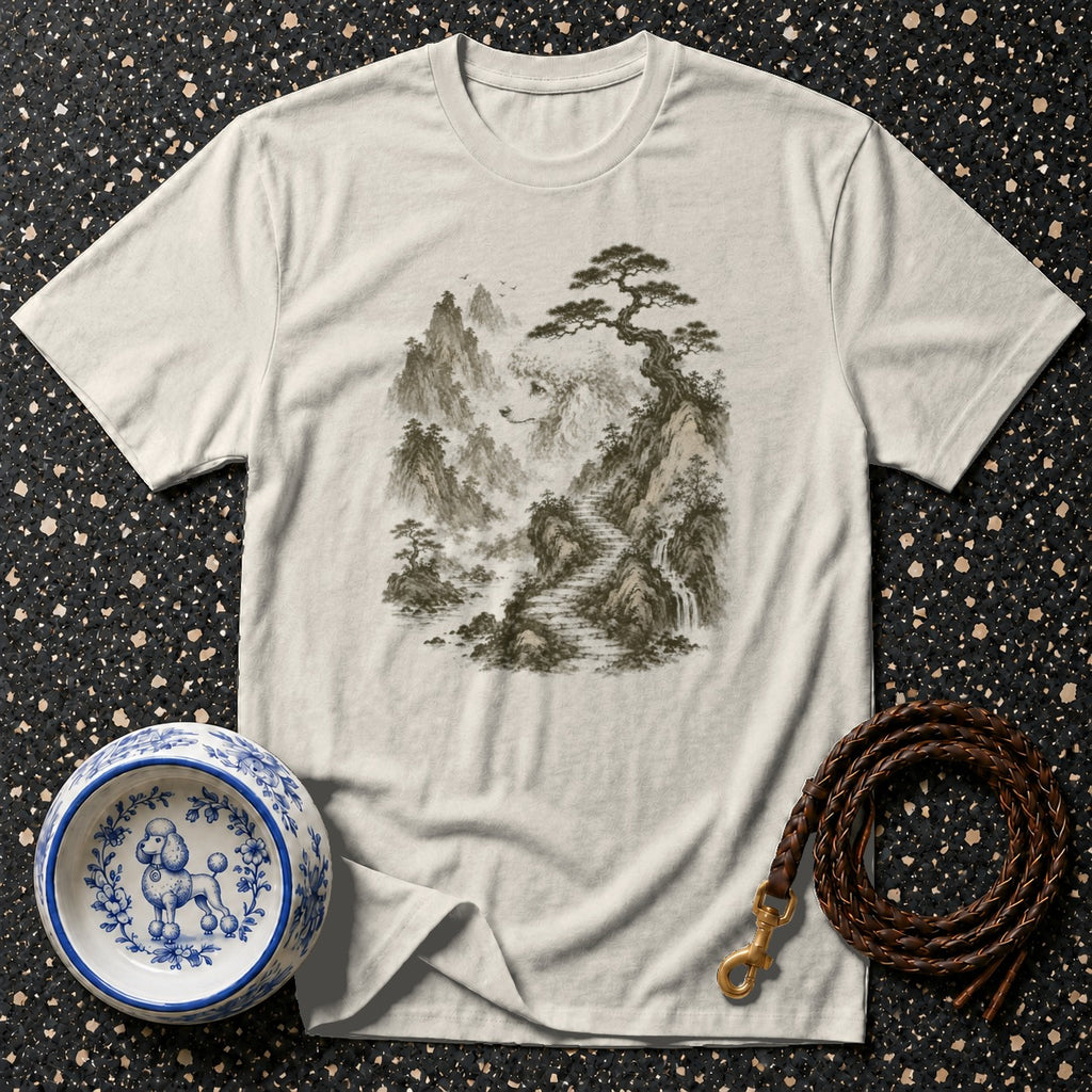 Cream t-shirt with Asian mountain landscape print, dog bowl, and braided leash.