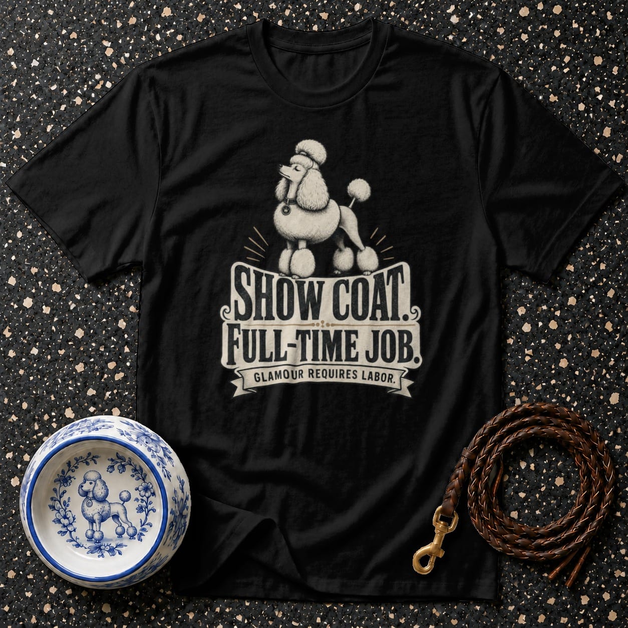 Black t-shirt with poodle graphic and text "SHOW COAT. FULL-TIME JOB."