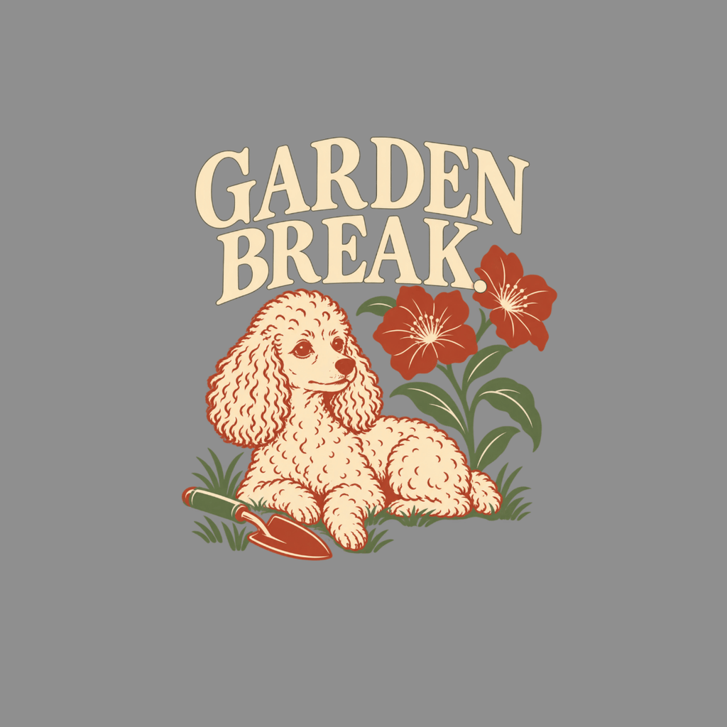 Poodle with "Garden Break" text, red flowers, and gardening trowel on grey background.