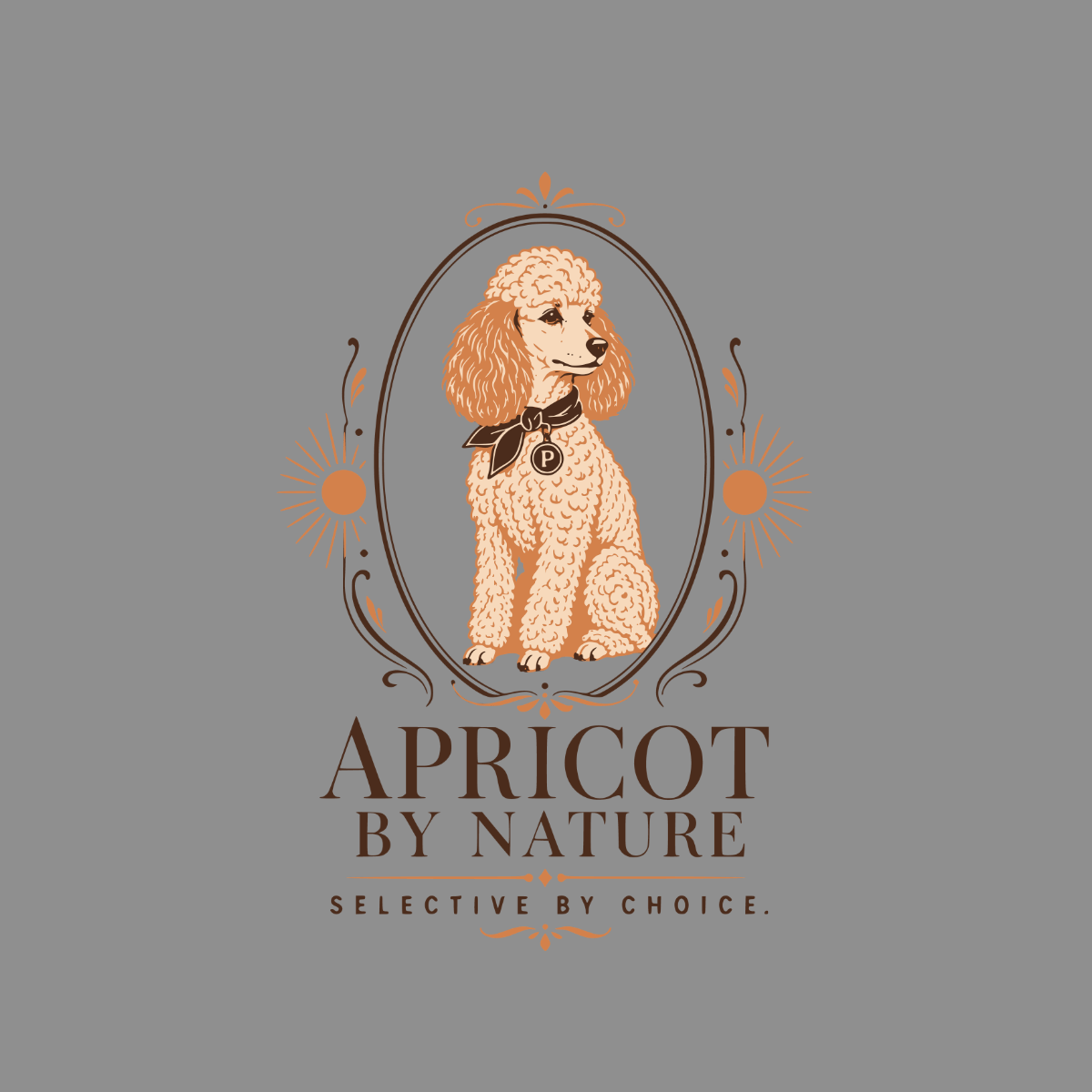 Apricot by Nature logo with a seated apricot poodle wearing a bow and medal.
