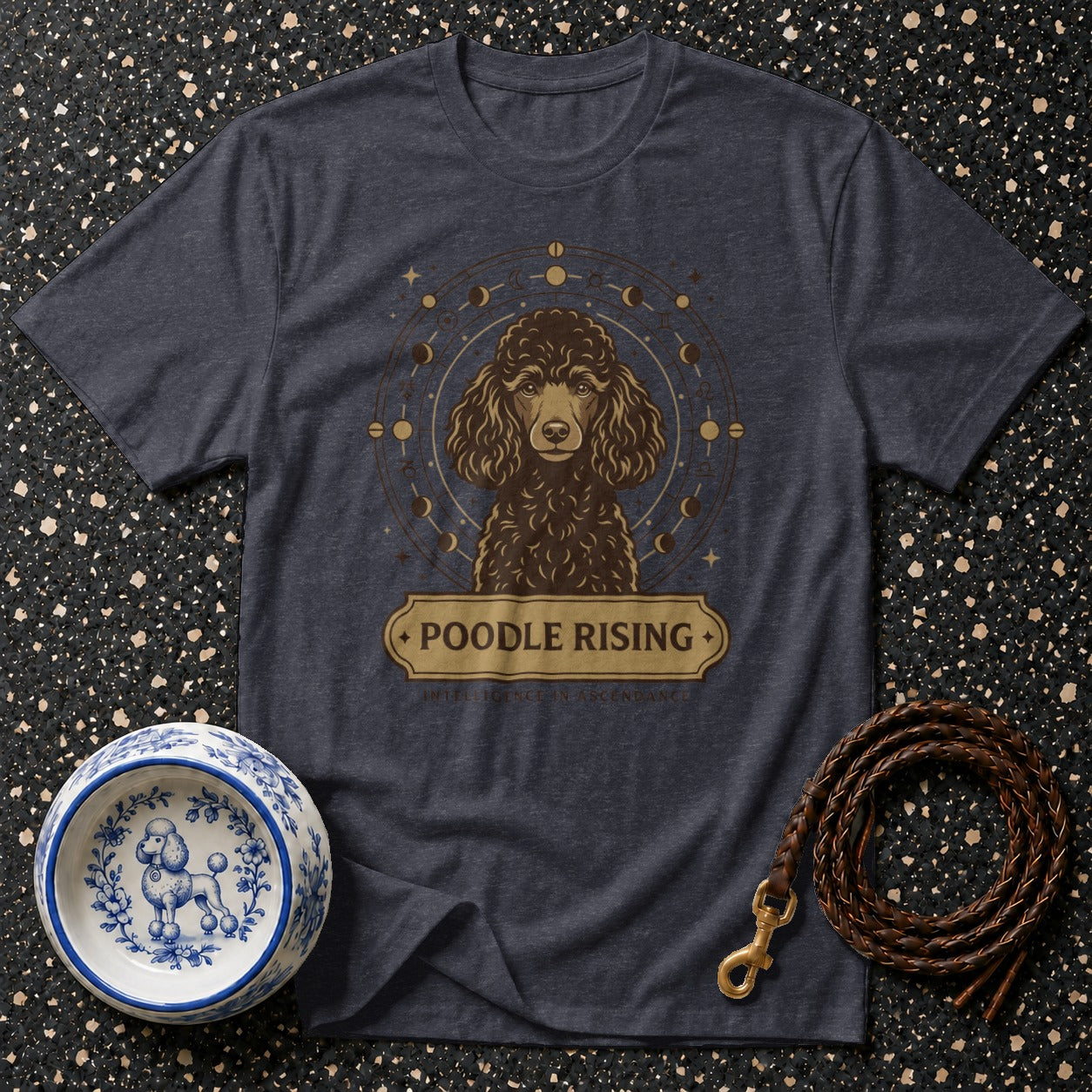 Dark grey t-shirt with a poodle illustration and "Poodle Rising" text.