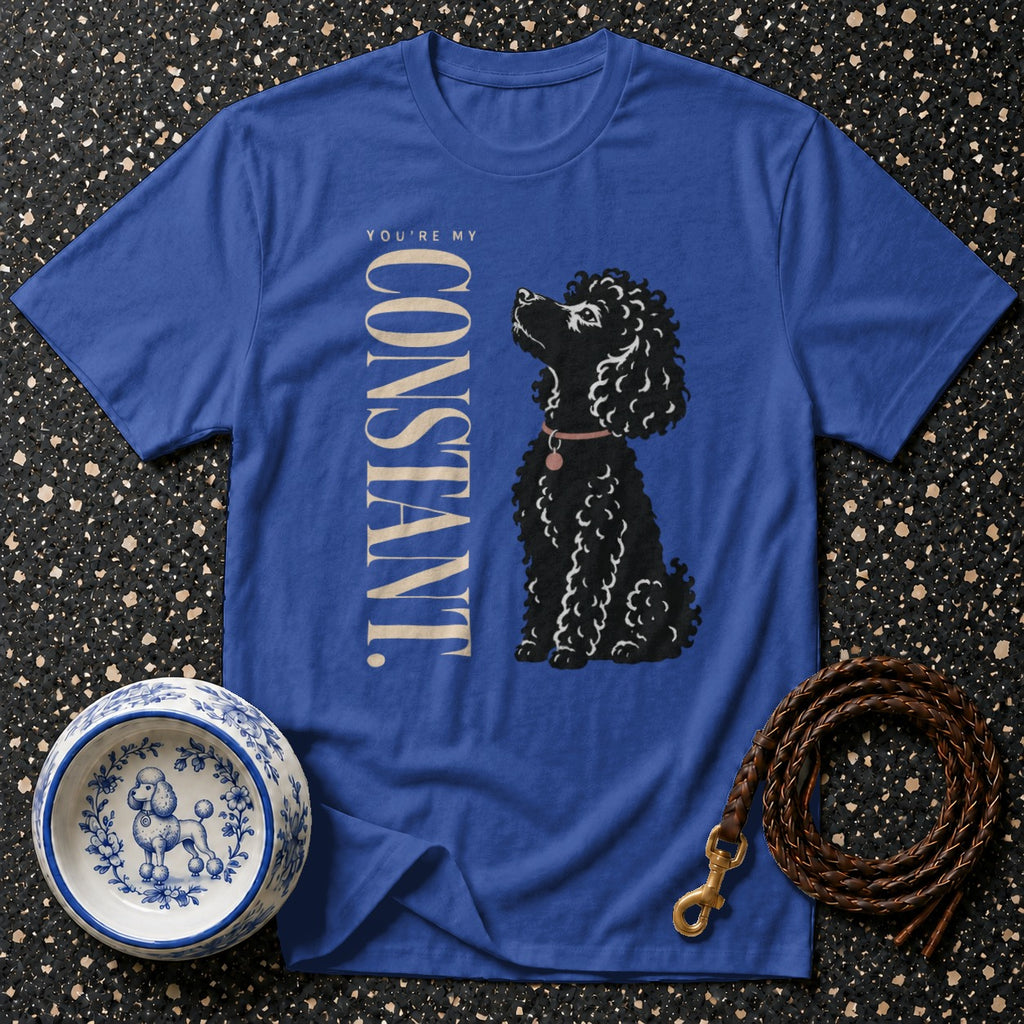 Blue t-shirt with a black poodle illustration and text "YOU'RE MY CONSTANT."