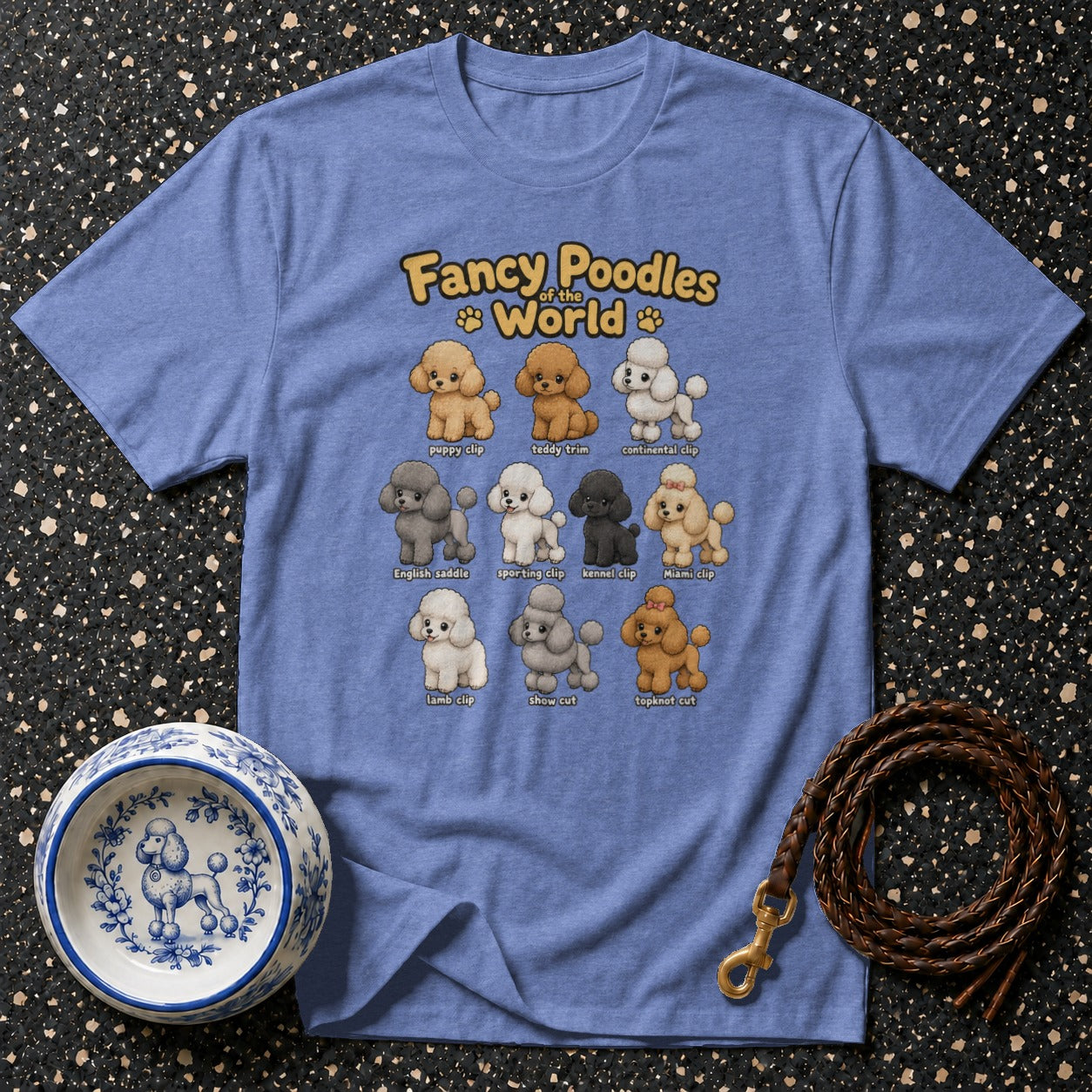 T-shirt with illustrations of poodles and their different grooming styles labeled.