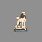 Illustration of a cream poodle standing on a wooden dock with water.