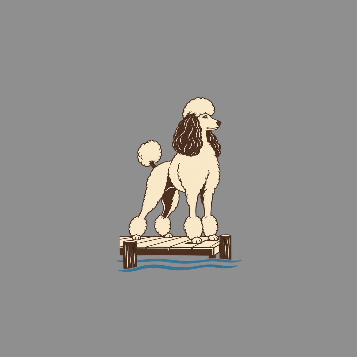 Illustration of a cream poodle standing on a wooden dock with water.