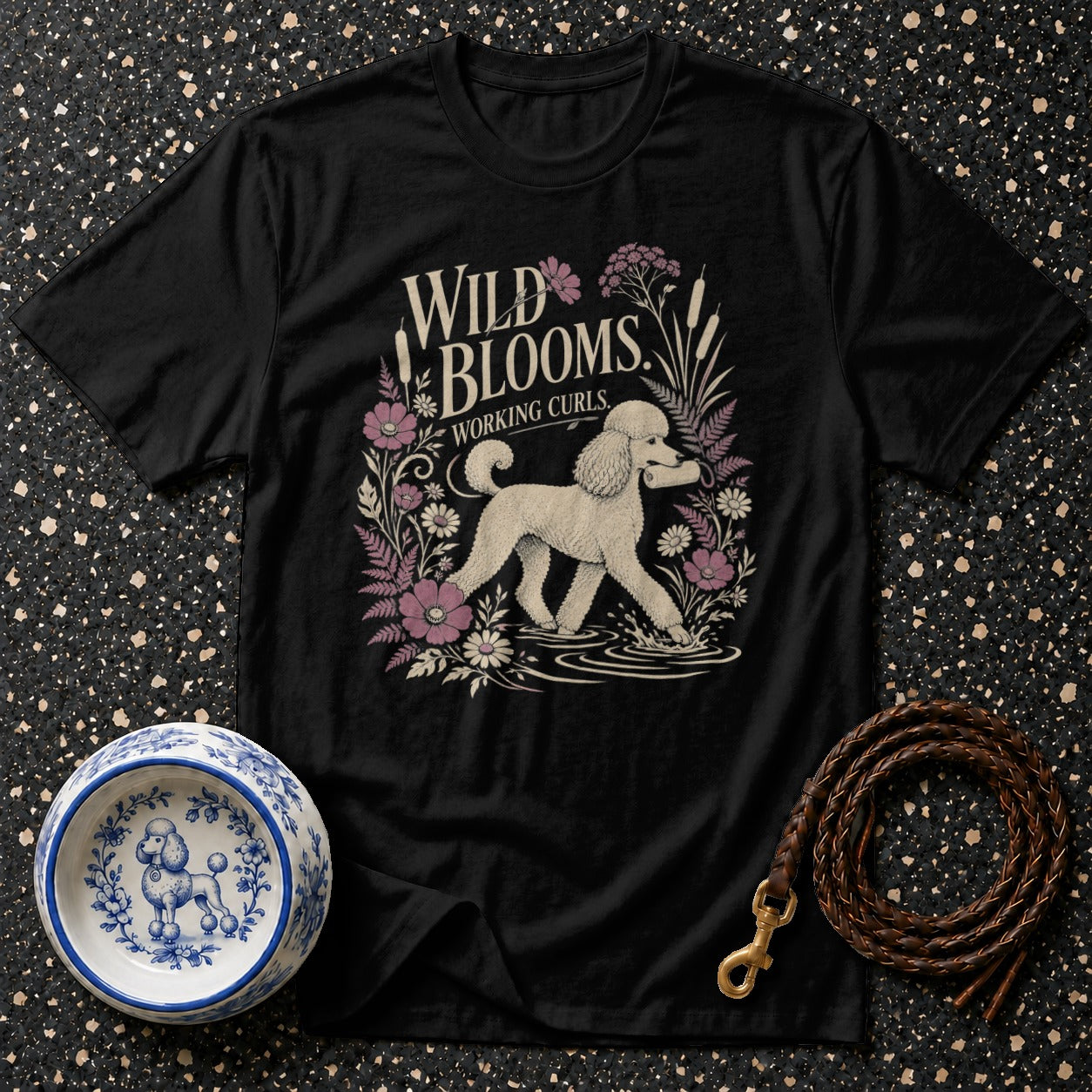 Black t-shirt with "Wild Blooms Working Curls" text and poodle illustration.