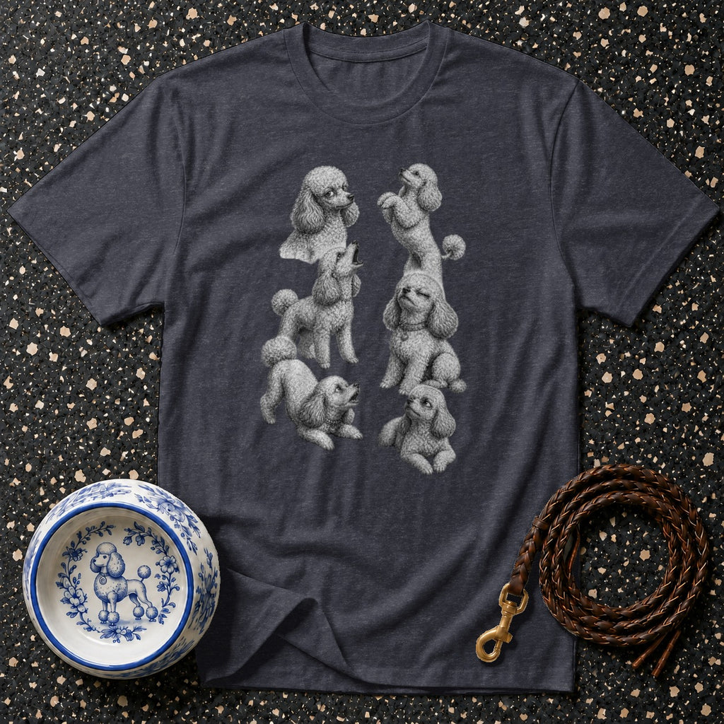 Dark grey t-shirt with a print of six poodles in various poses.