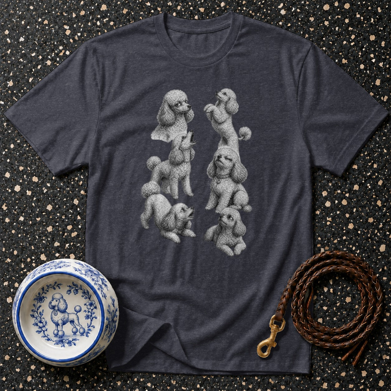 Dark grey t-shirt with a print of six poodles in various poses.