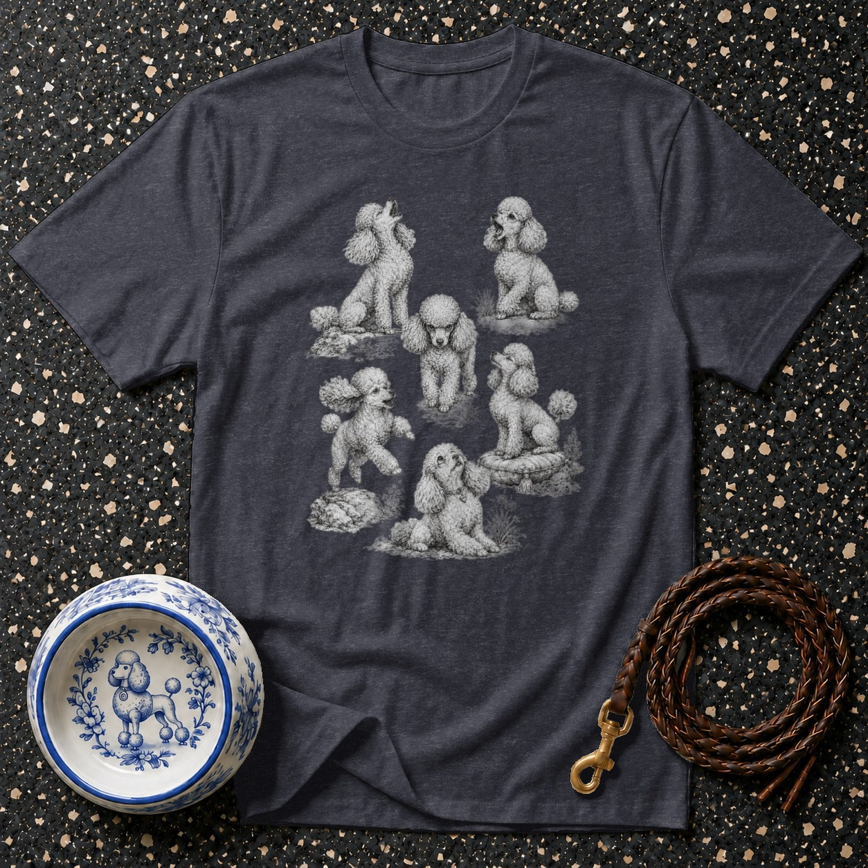 Dark gray t-shirt with multiple poodle illustrations and a decorative dog bowl and leash.