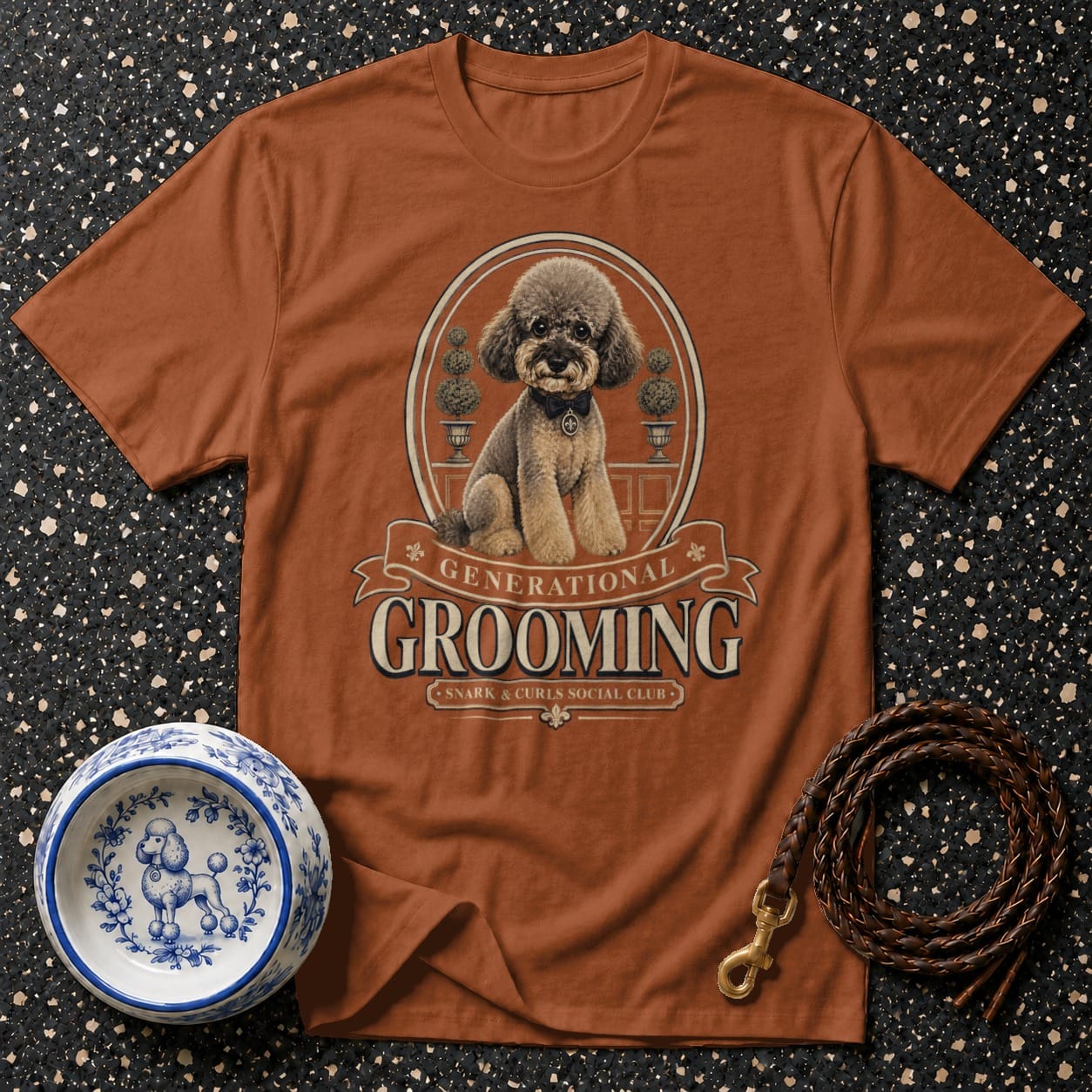 T-shirt with poodle logo and "Generational Grooming" text.