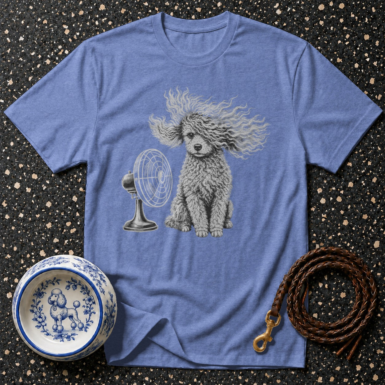 Blue t-shirt with poodle and fan graphic, dog bowl, and leash.