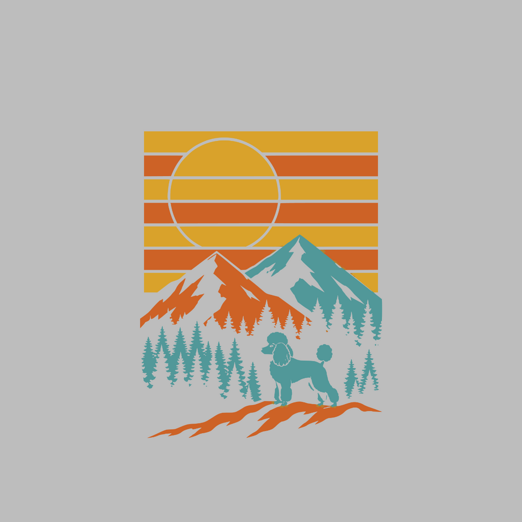 Poodle silhouette on a mountain landscape with retro sunset stripes.
