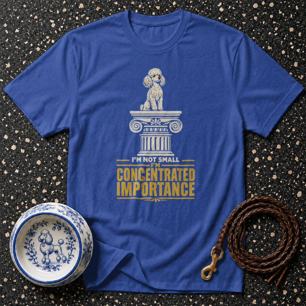 Blue t-shirt with a poodle on a column and text "I'M NOT SMALL I'M CONCENTRATED IMPORTANCE."