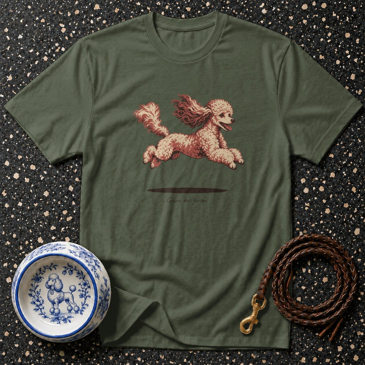 Green t-shirt with a pink poodle graphic and text "Grace, but faster."