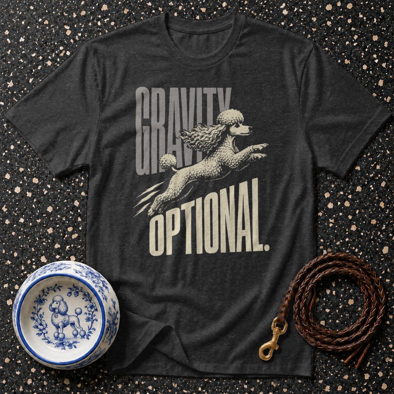 Dark gray t-shirt with a leaping poodle and the text "GRAVITY OPTIONAL".