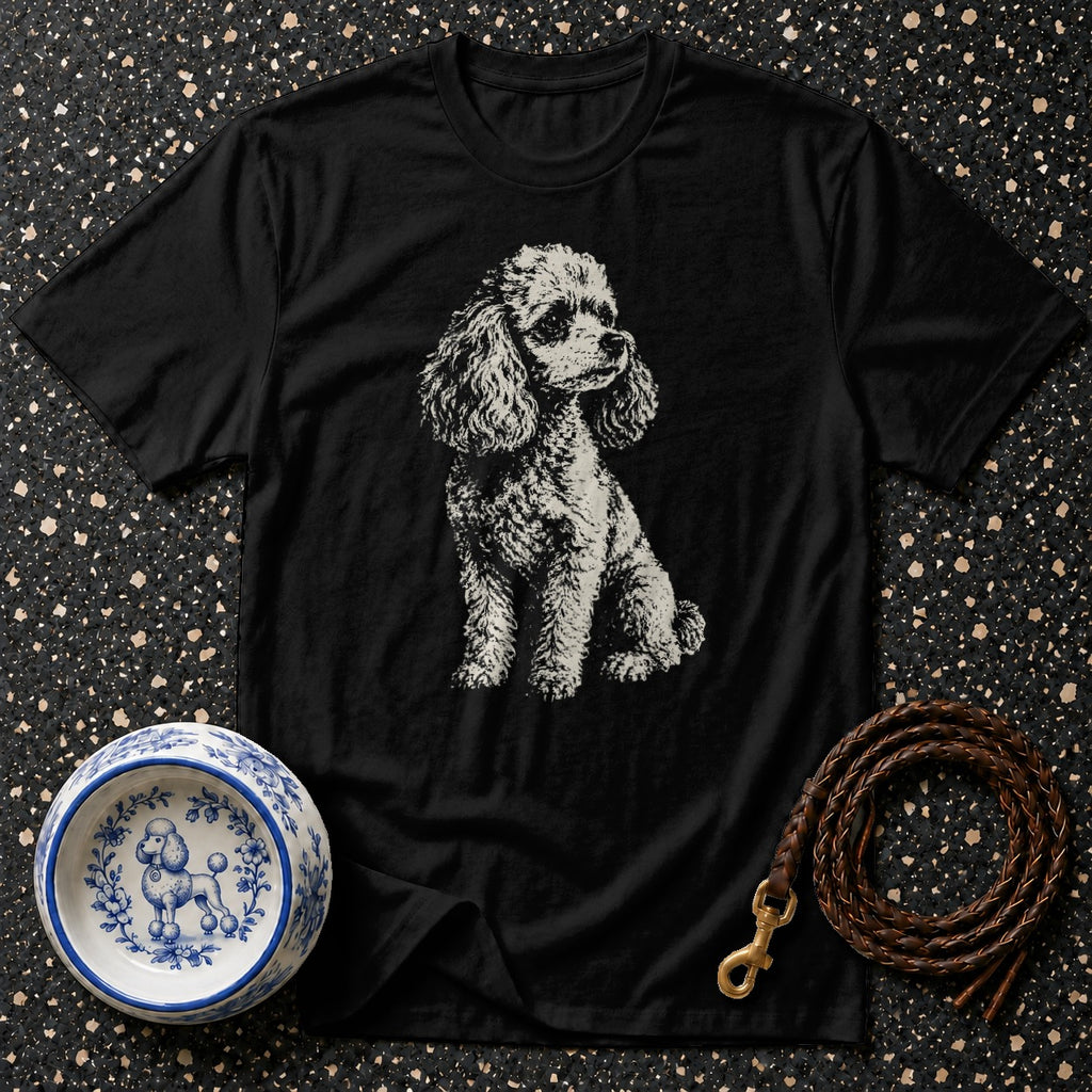 Black t-shirt with a poodle illustration, a poodle-themed dog bowl, and a braided leather leash.