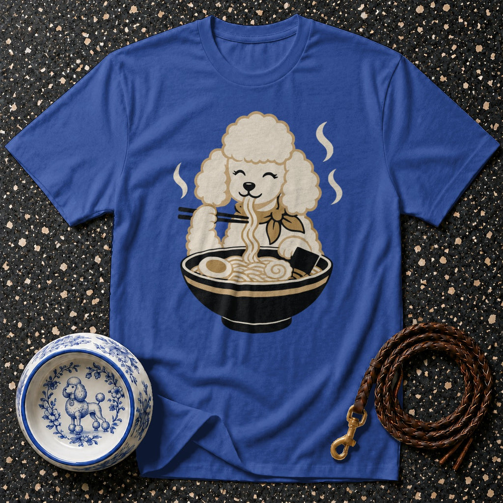 Blue t-shirt with a poodle eating ramen noodles, dog bowl, and leash.
