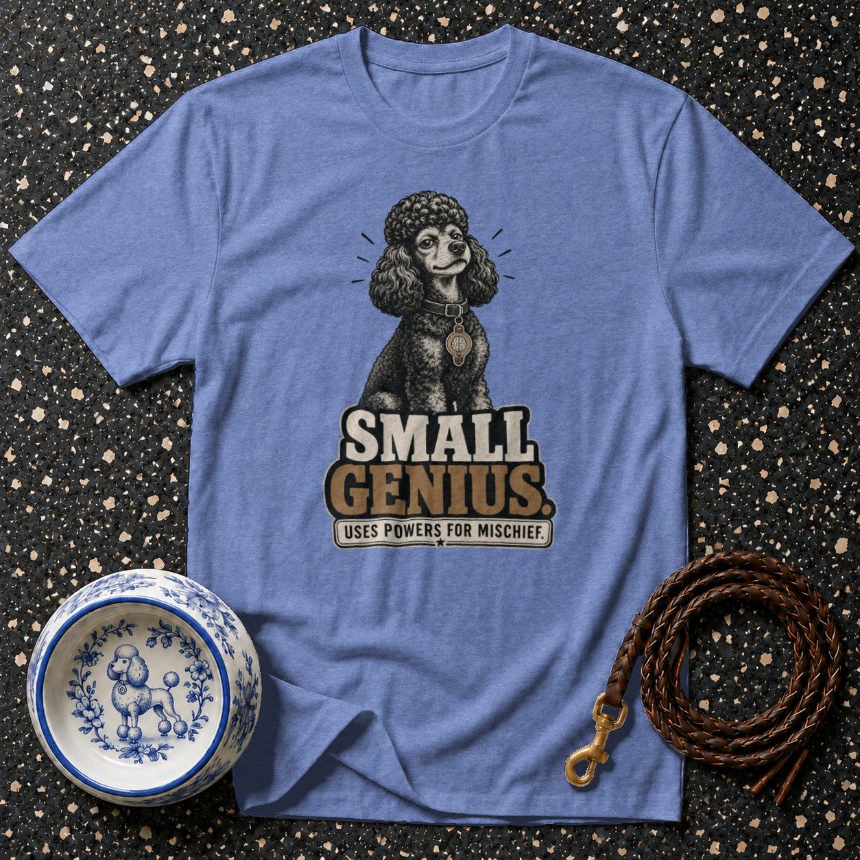 Blue t-shirt with poodle graphic and text "Small Genius".
