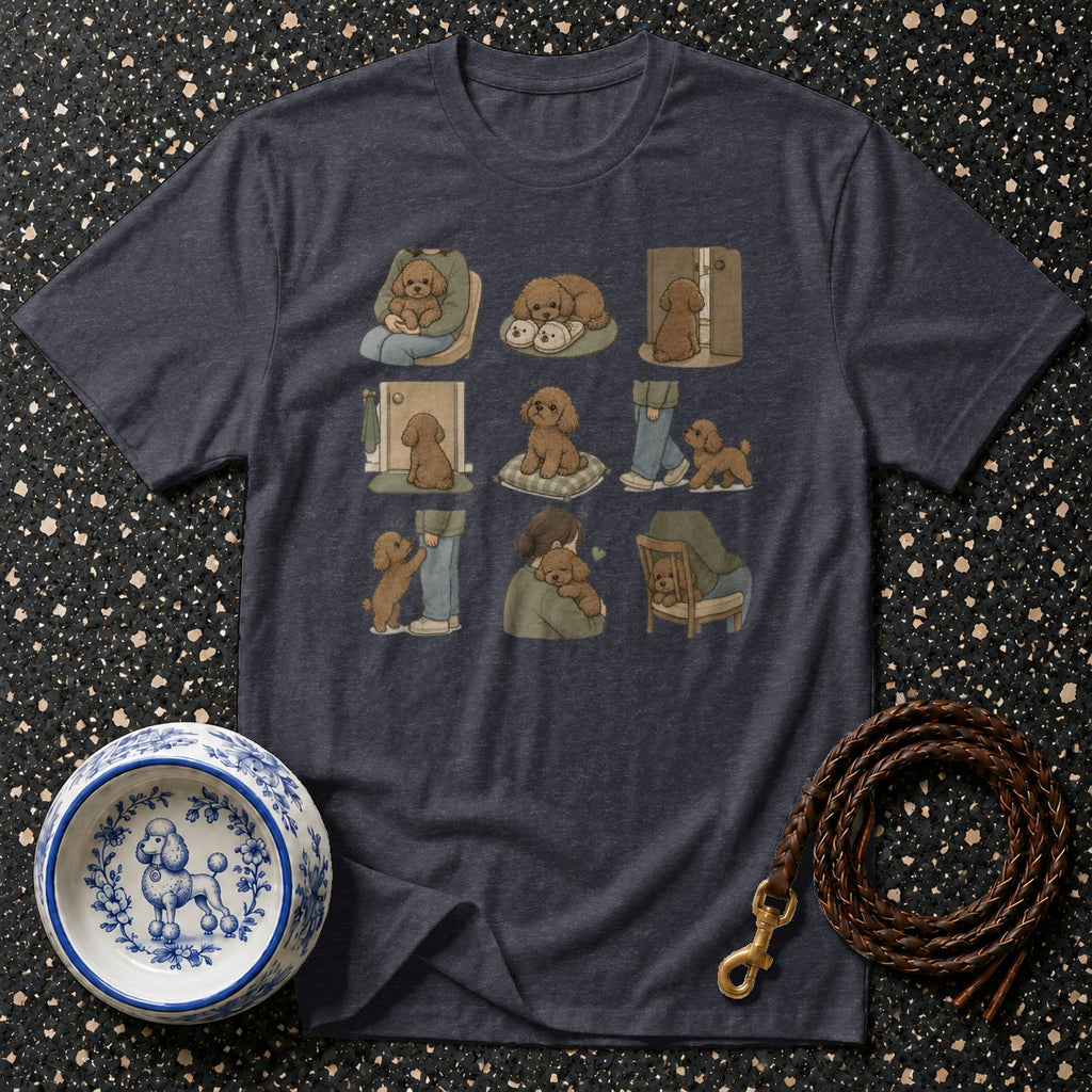Dark grey t-shirt with a grid of nine illustrations of poodles and people.