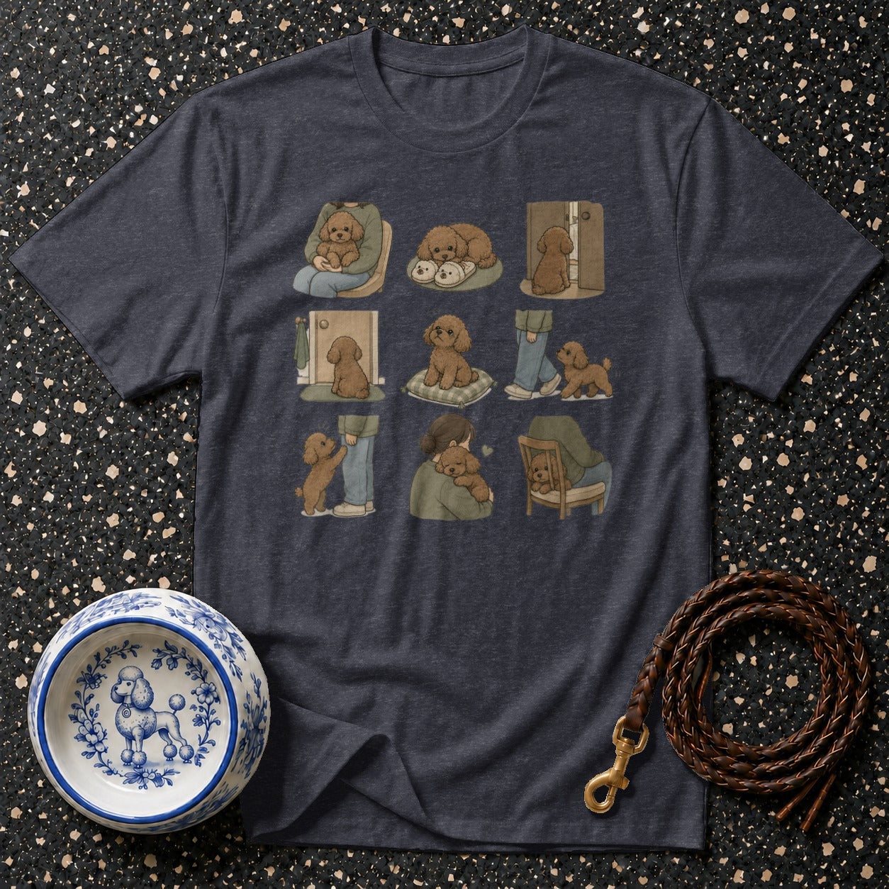 Dark grey t-shirt with a grid of nine illustrations of poodles and people.