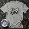 Gray t-shirt with "Poodle Dad" graphic, poodle bowl, and leash.