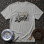Gray t-shirt with "Poodle Dad" graphic, poodle bowl, and leash.