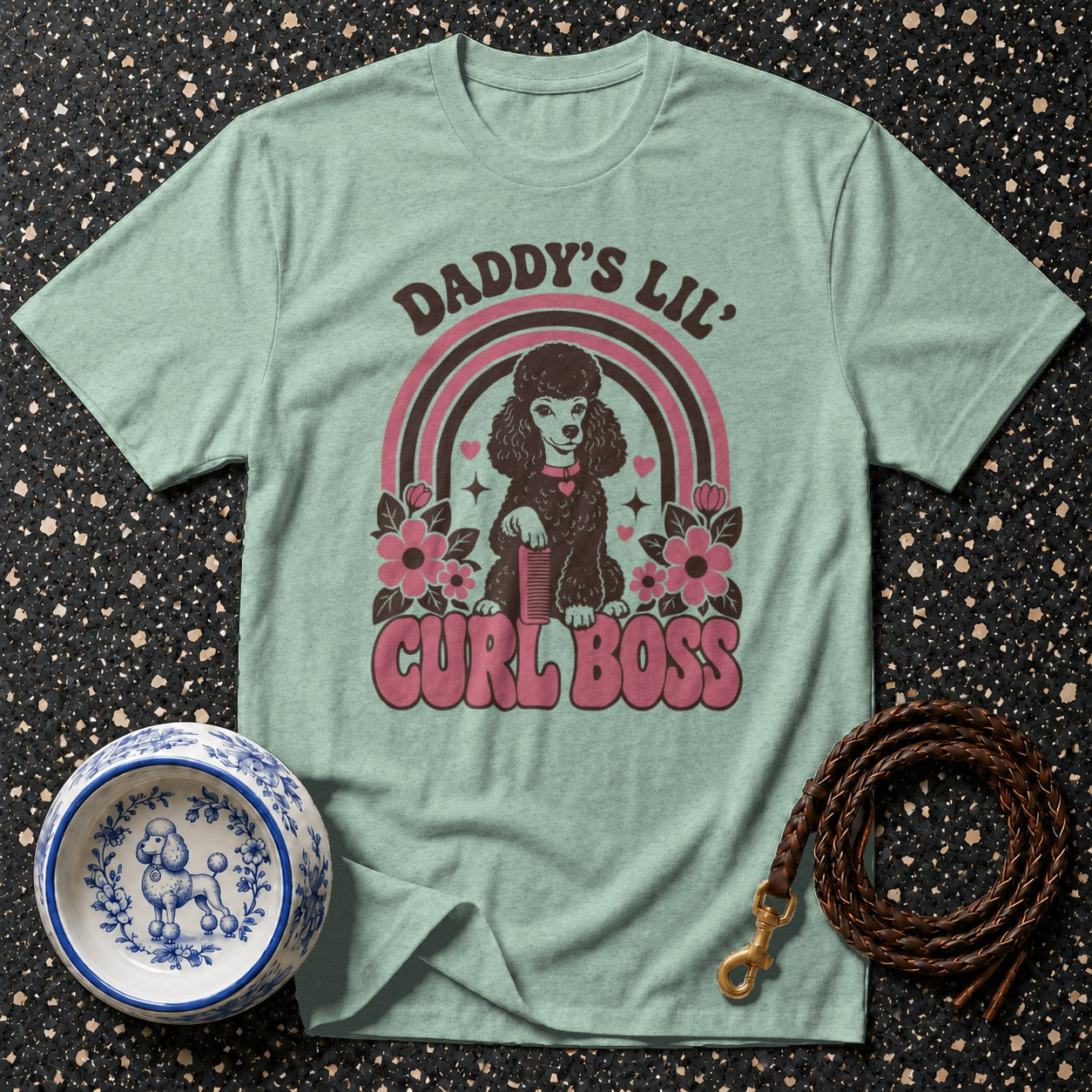 Light teal t-shirt with poodle graphic and text "Daddy's Lil' Curl Boss".