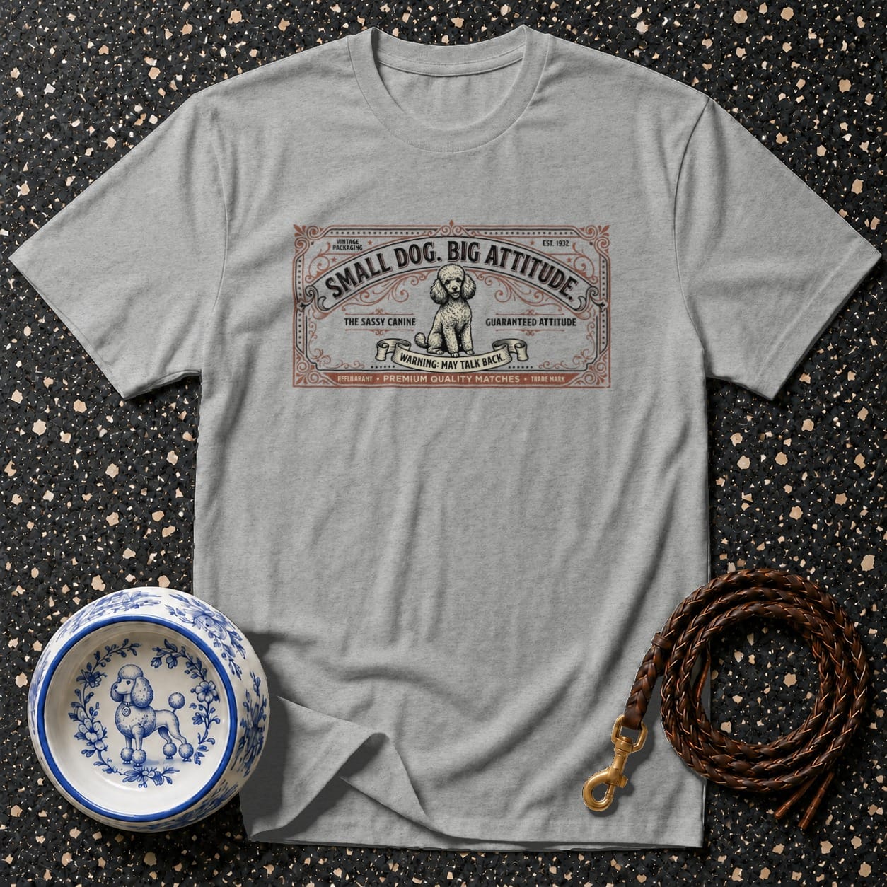 Grey t-shirt with "SMALL DOG. BIG ATTITUDE." design and poodle.