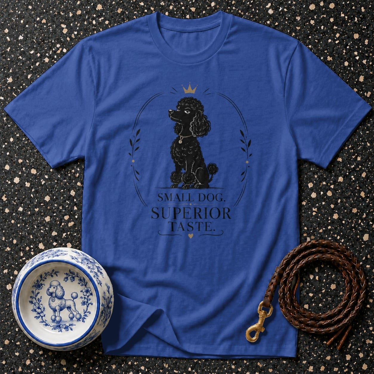 Blue t-shirt with a black poodle graphic and "SMALL DOG. SUPERIOR TASTE." text.