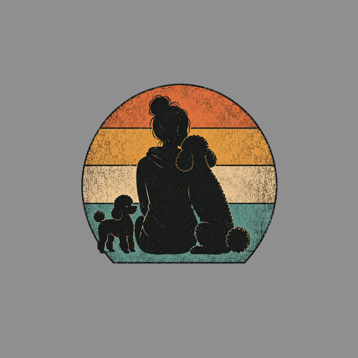 Silhouette of woman with two poodles against a retro sunset background.