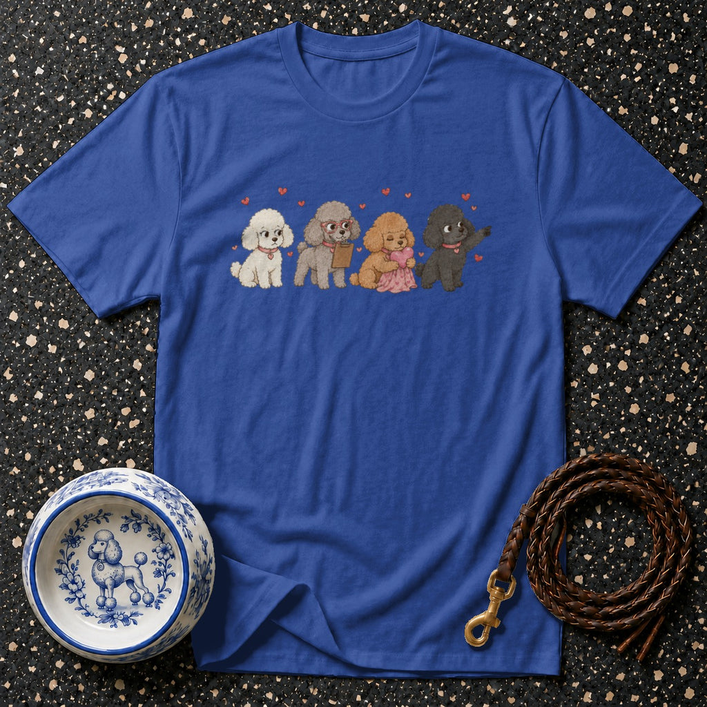 Blue t-shirt with four cartoon poodles and red hearts design.