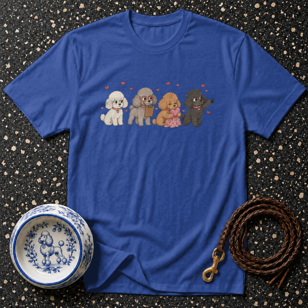 Blue t-shirt with four cartoon poodles and red hearts design.