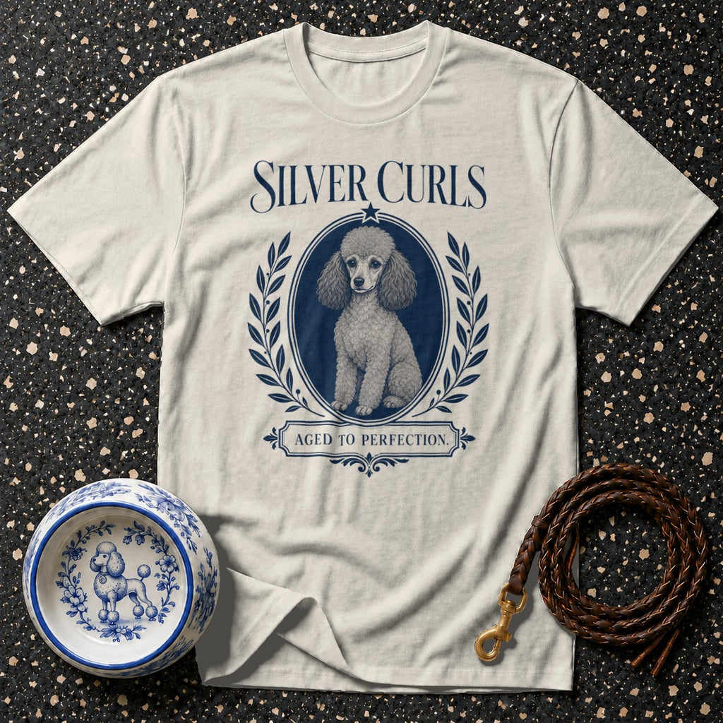 Cream t-shirt with "Silver Curls Aged to Perfection" text and a poodle graphic.