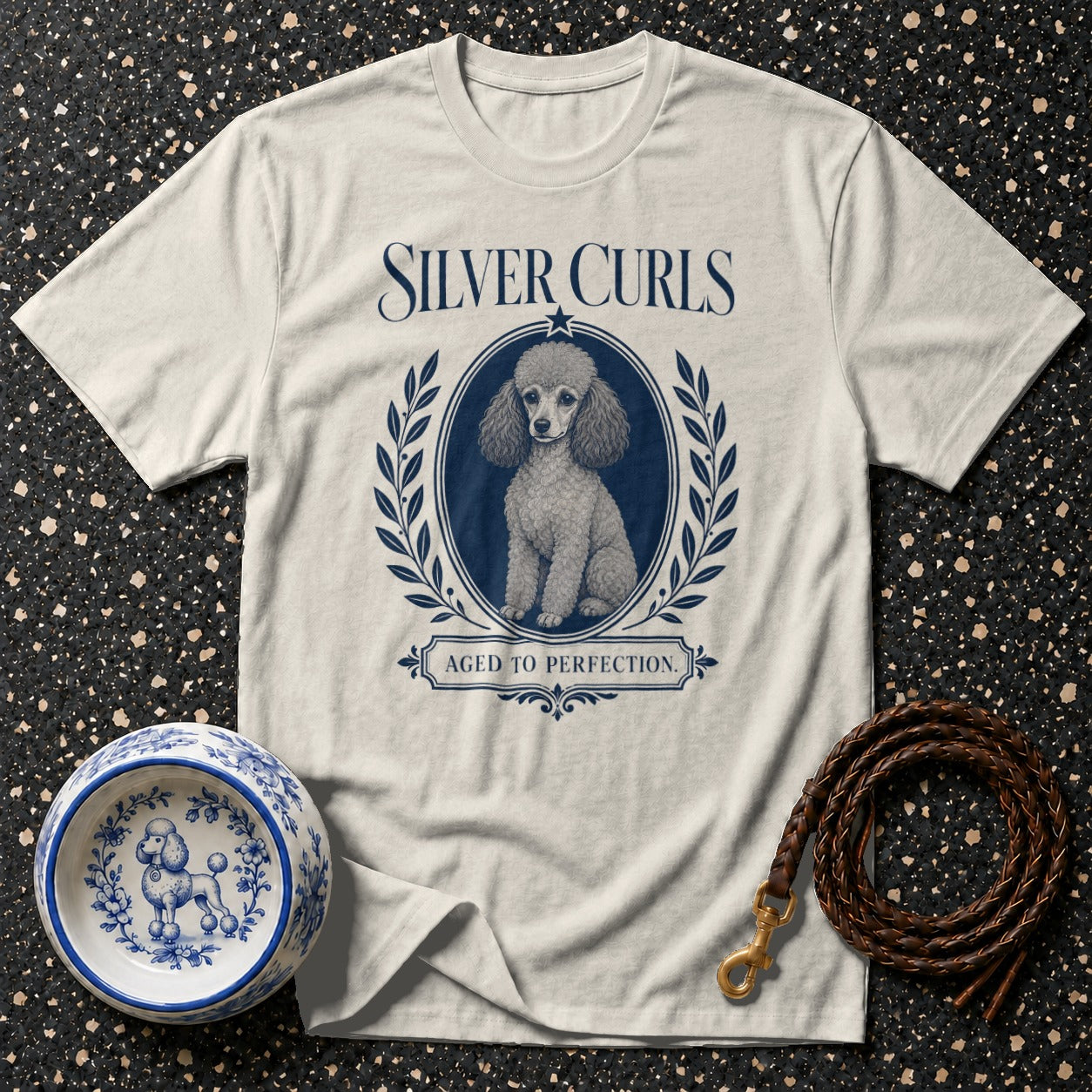 Cream t-shirt with "Silver Curls Aged to Perfection" text and a poodle graphic.