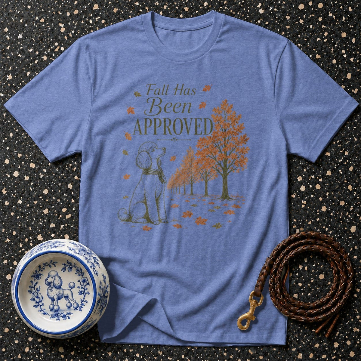 Blue t-shirt with poodle graphic and text "Fall Has Been Approved".