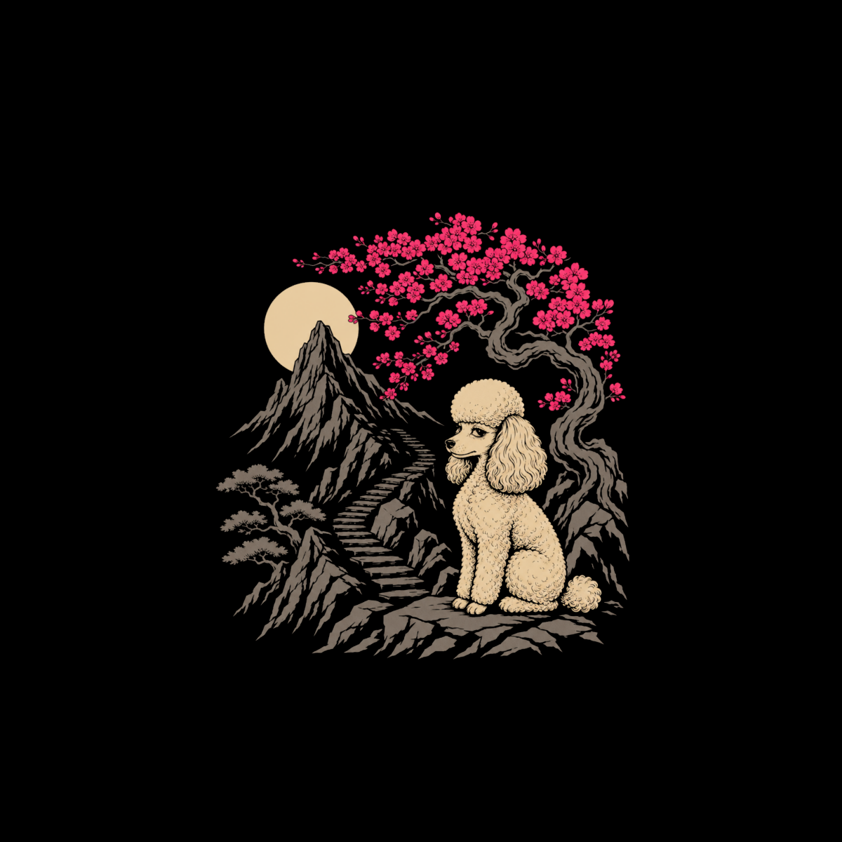 Cream poodle sits on rocks under a cherry blossom tree with a moonlit mountain landscape.