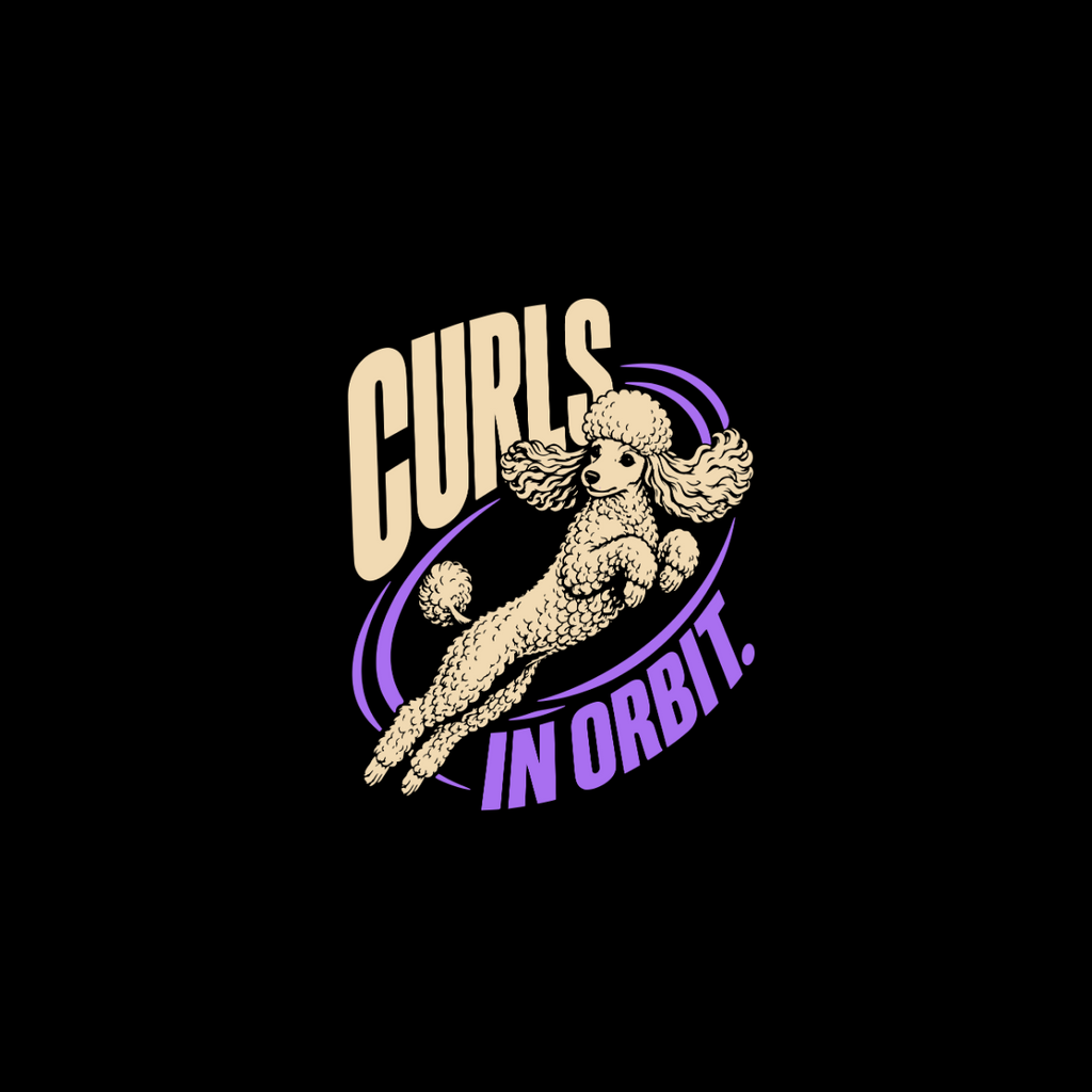 Illustration of a poodle mid-jump with text "CURLS IN ORBIT."