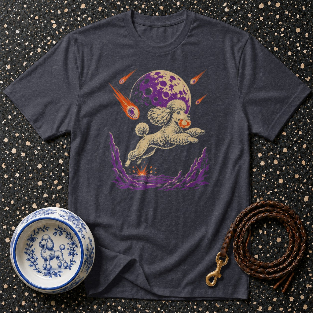 Poodle jumping with ball as meteors streak past a purple moon.