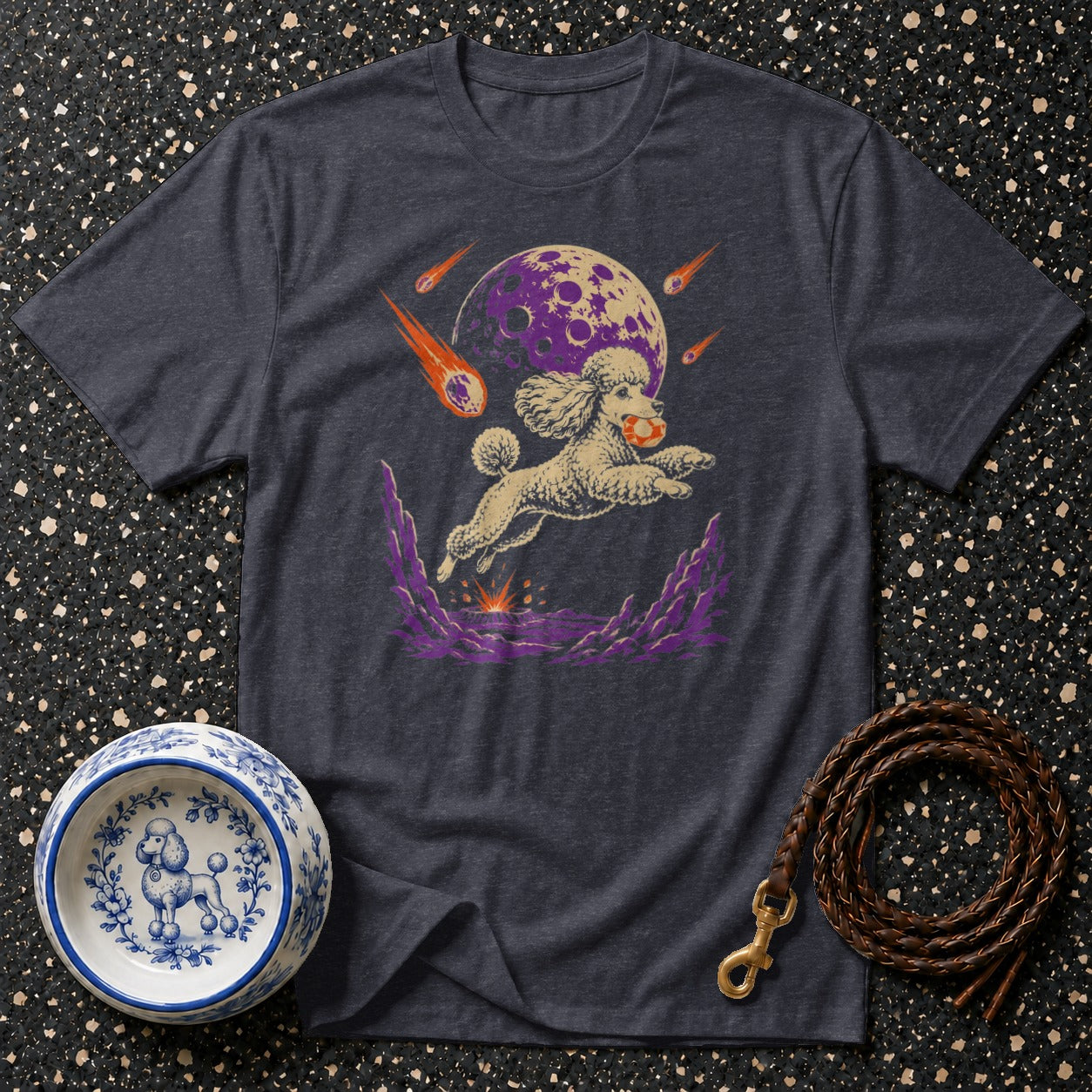 Poodle jumping with ball as meteors streak past a purple moon.