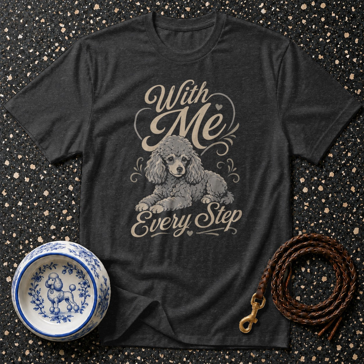 Dark t-shirt with poodle graphic and "With Me Every Step" text.
