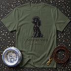 Olive t-shirt with a black poodle illustration and text "UNIMPRESSED, AS USUAL."