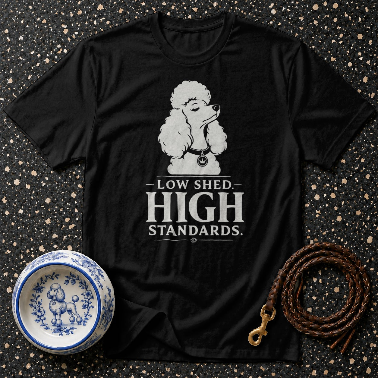 Black t-shirt with poodle graphic and text: Low Shed. High Standards.