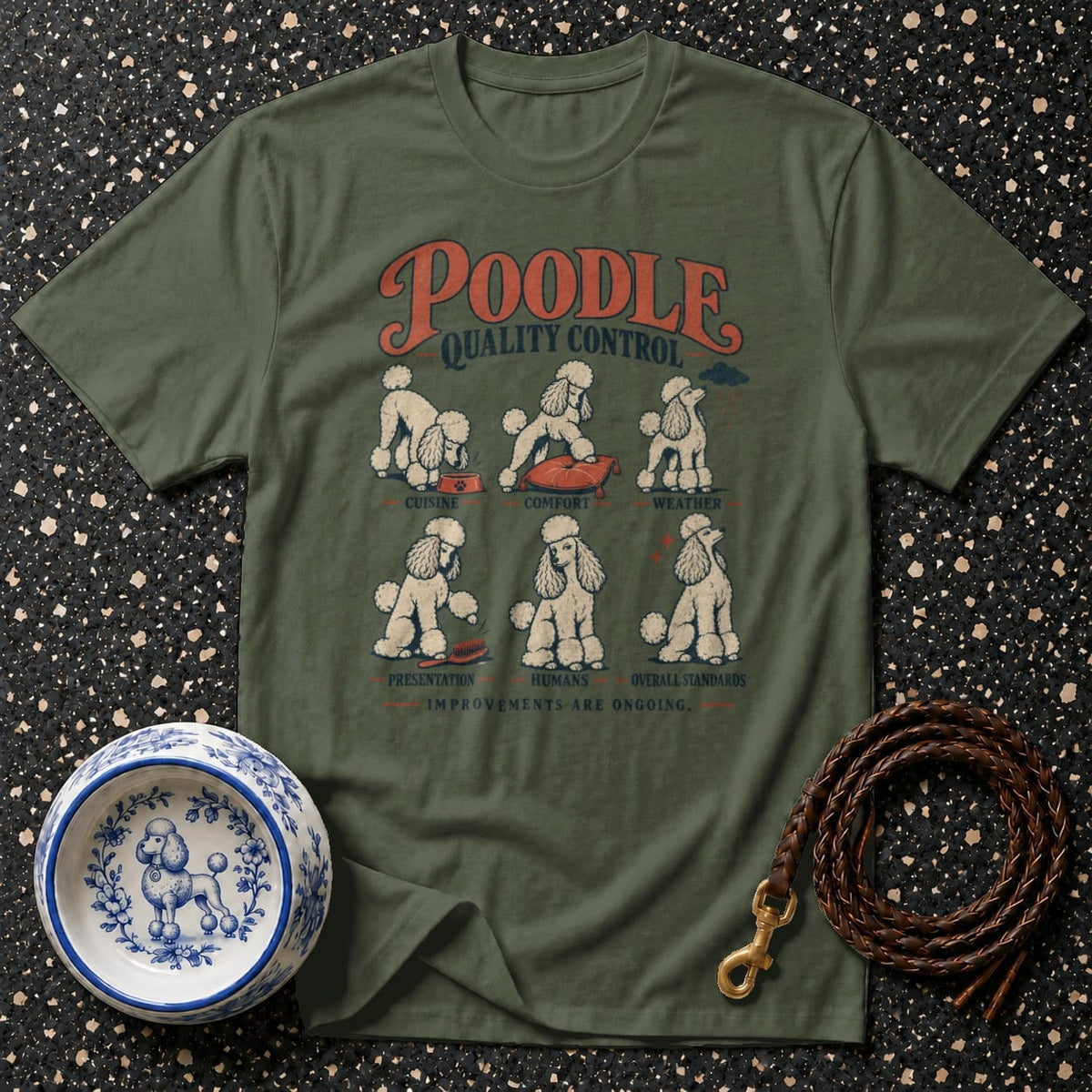 Green t-shirt with "Poodle Quality Control" graphic featuring six poodle illustrations and text.