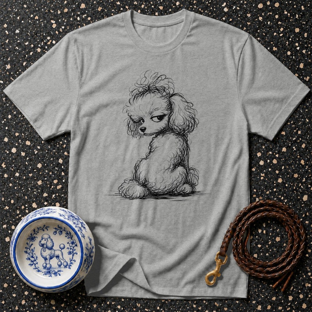 Gray t-shirt with a sketch of a grumpy poodle and a decorative dog bowl.