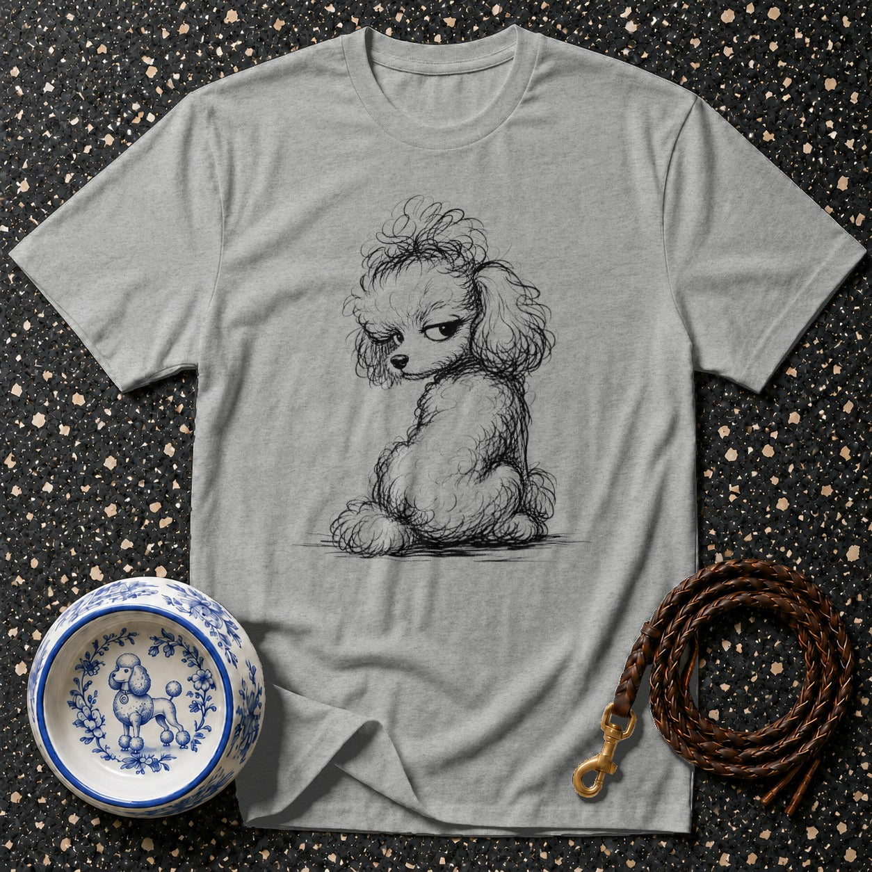 Gray t-shirt with a sketch of a grumpy poodle and a decorative dog bowl.